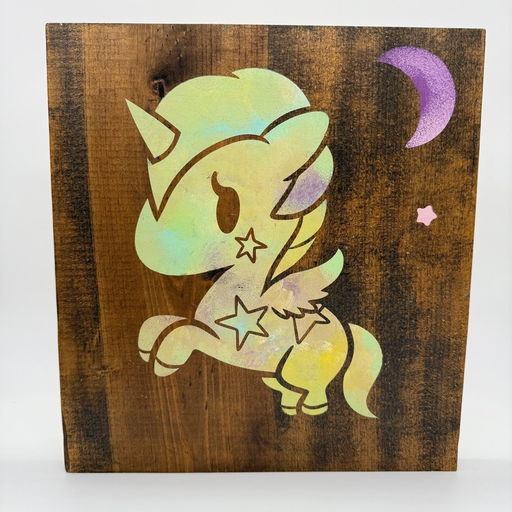 Tokidoki Unicorn Ten Years of Glory Stellina Wood Plaque Art Stained Wood Decor
